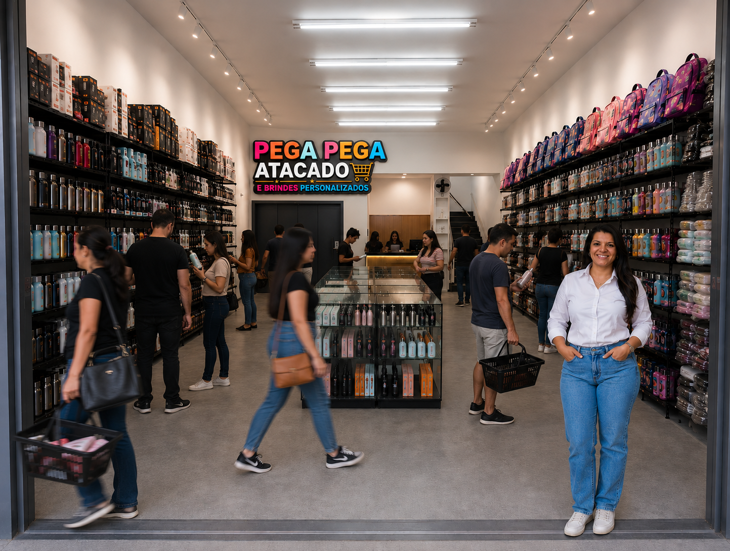 Interior da loja Pega Pega Atacado no Brás com prateleiras de garrafas térmicas e mochilas
